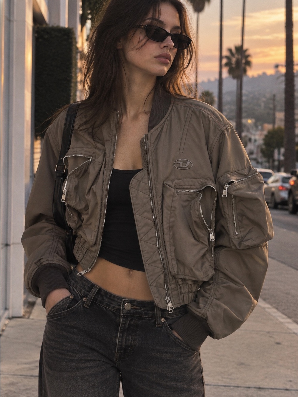 Diesel G-Khloe Cropped Utility Bomber Jacket Taupe Khaki Size L